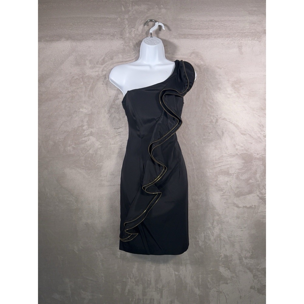 CACHE One Shoulder Dress Womens Size 6 Black Ruffle Y2K Glam Rockstar Clubwear